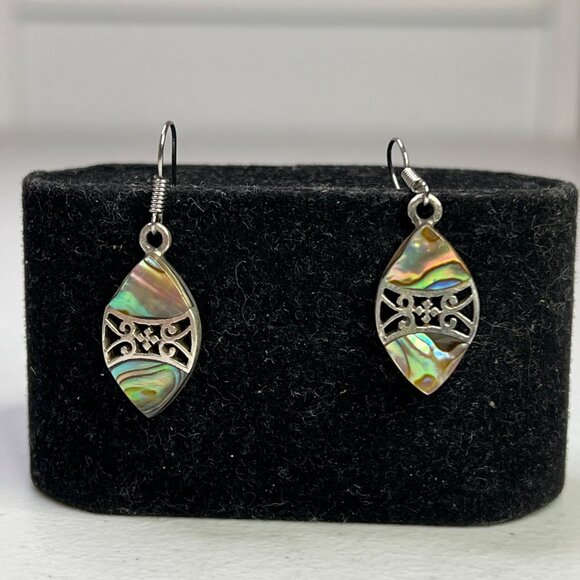 Sterling Silver Abalone Shell Marquise Drop Earrings With Filigree Design - Picture 5 of 9
